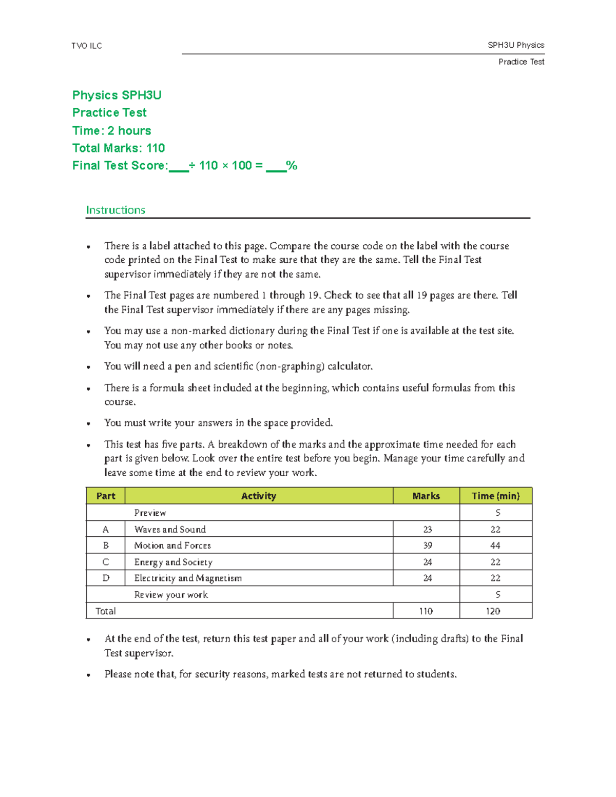 Practice exam - EXAM STUDY FOR PHYSICS 3U - Physics SPH3U Practice Test ...