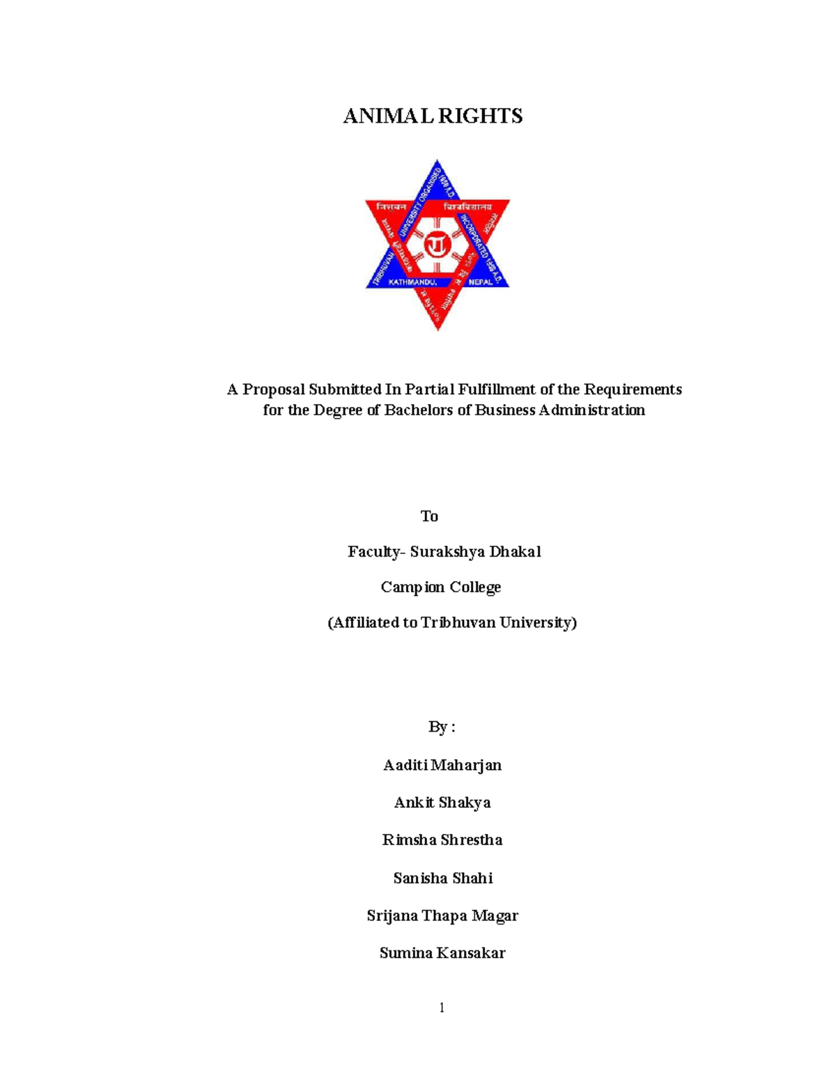 Animal Rights report - ANIMAL RIGHTS A Proposal Submitted In Partial ...