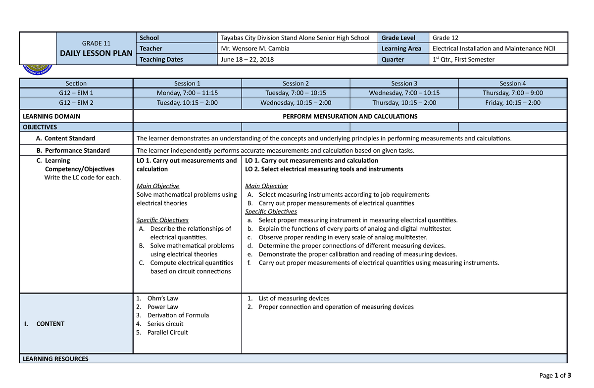 W1.3 (June 18 - 22, 2018 ) - GRADE 11 DAILY LESSON PLAN School Tayabas ...