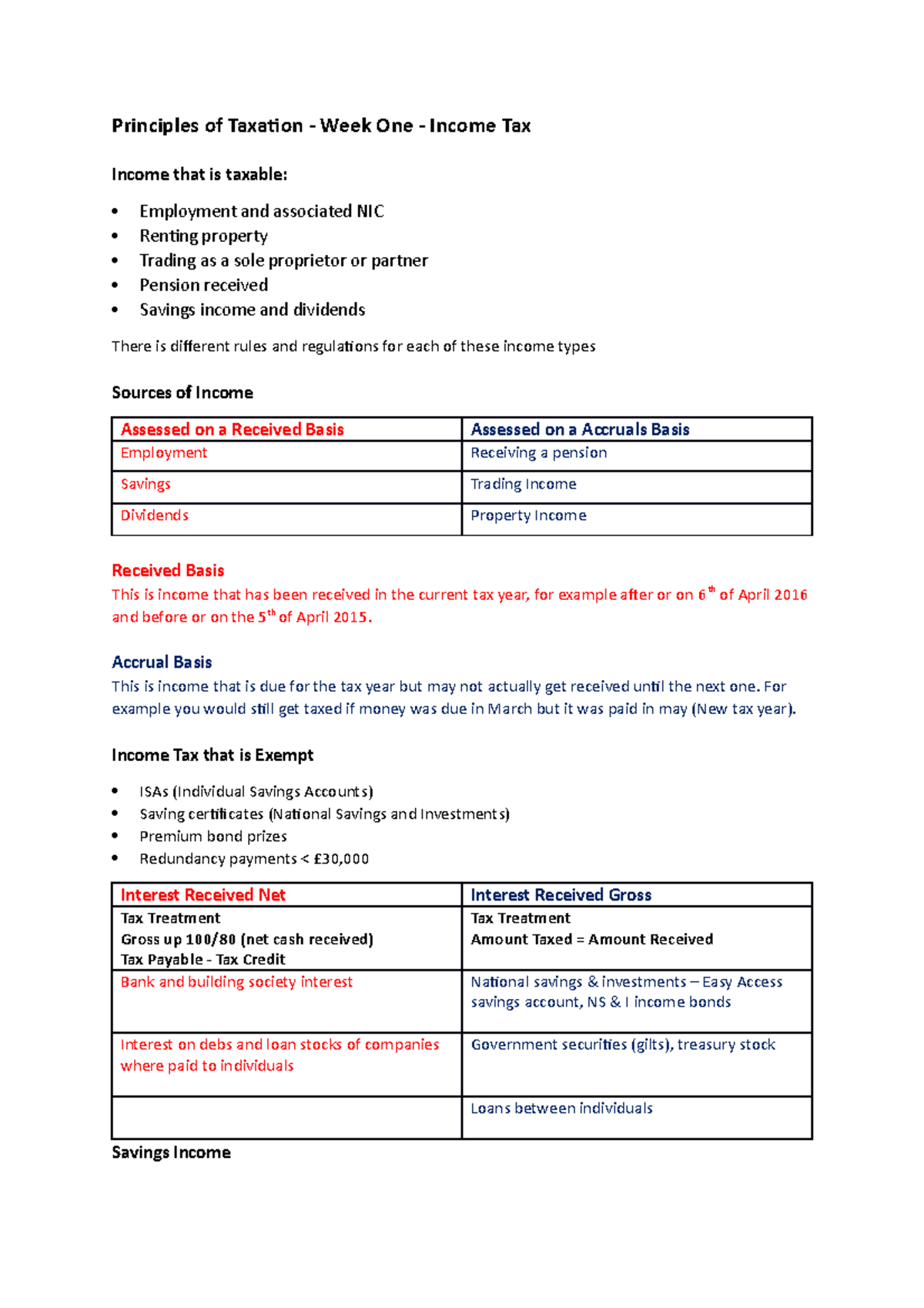 Week One - Income Tax - Lecture Notes 1 - Principles Of Taxation - Week ...