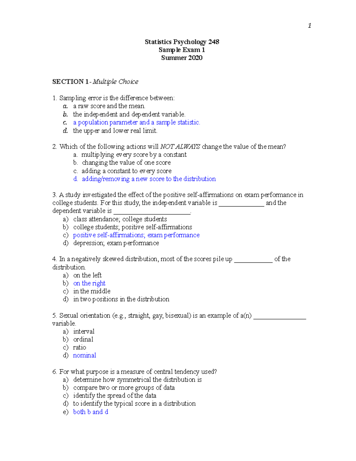 Sample Exam 1 Stats 248 Key - Statistics Psychology 248 Sample Exam 1 ...