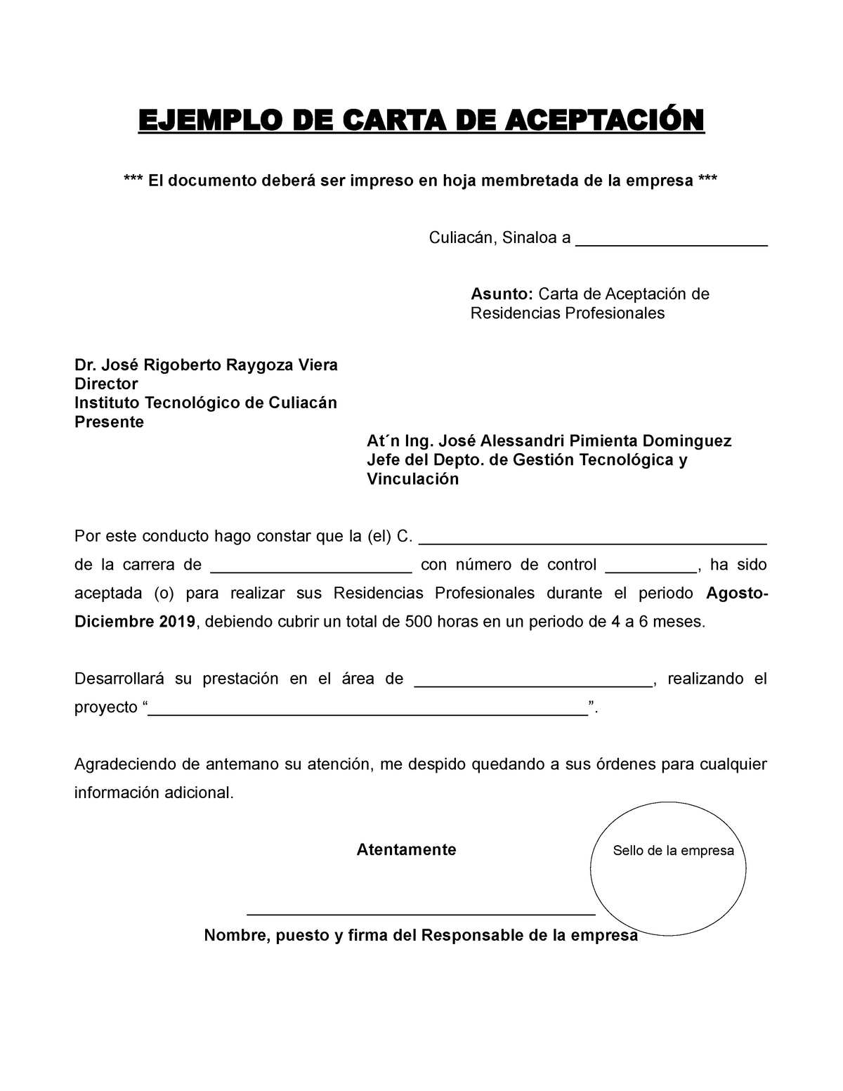 Ejemplo Carta Aceptacion Empresa, para desarrollar - EJEMPLO DE CARTA DE  ACEPTACIÓN ***** El - Studocu