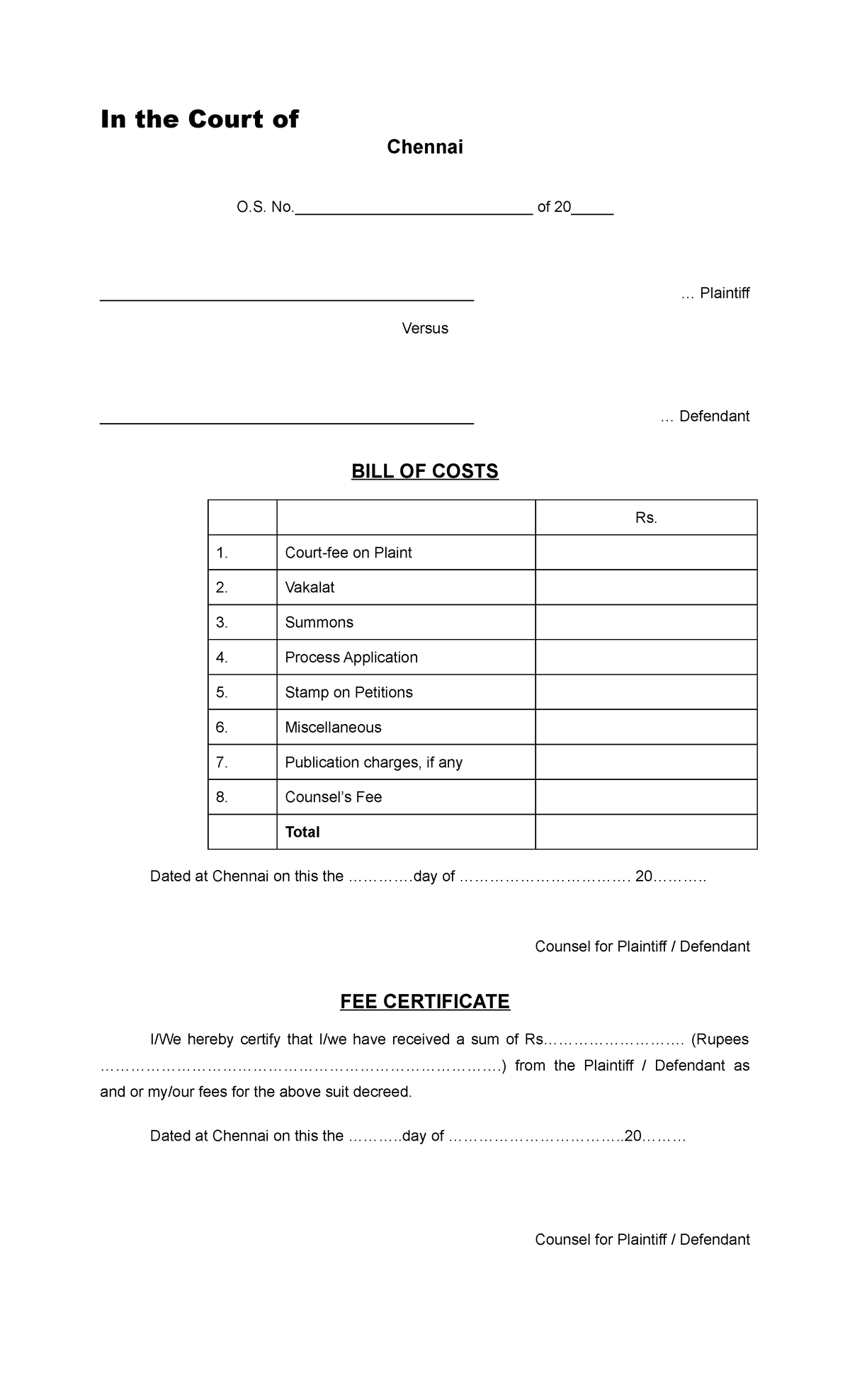 bill-of-cost-and-fee-certificate-in-the-court-of-chennai-o-no