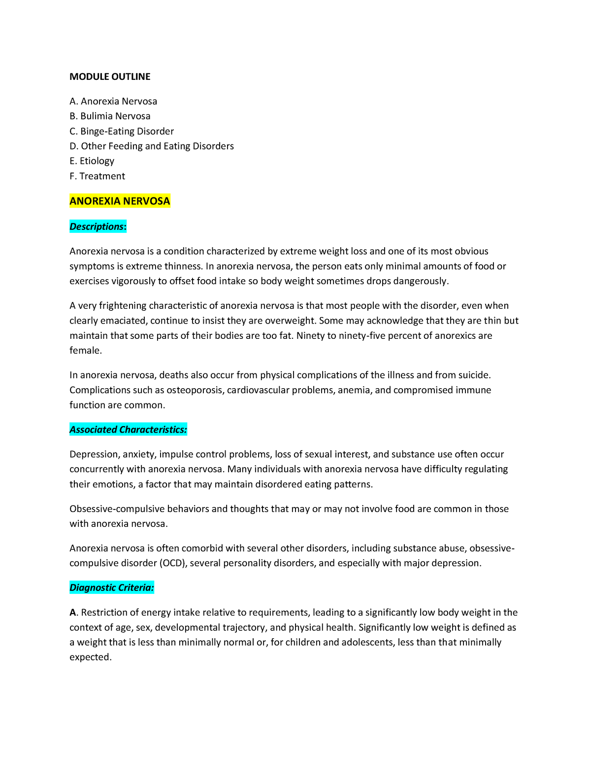 Module 8- Eating Disorders - MODULE OUTLINE A. Anorexia Nervosa B ...