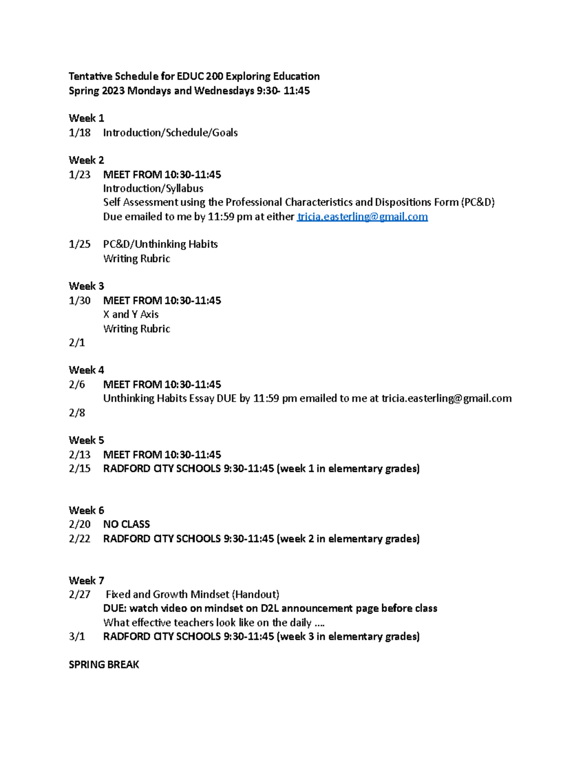 Tent Sched For Educ 200 01 In Schools Tentative Schedule For Educ 200 Exploring Education 5888