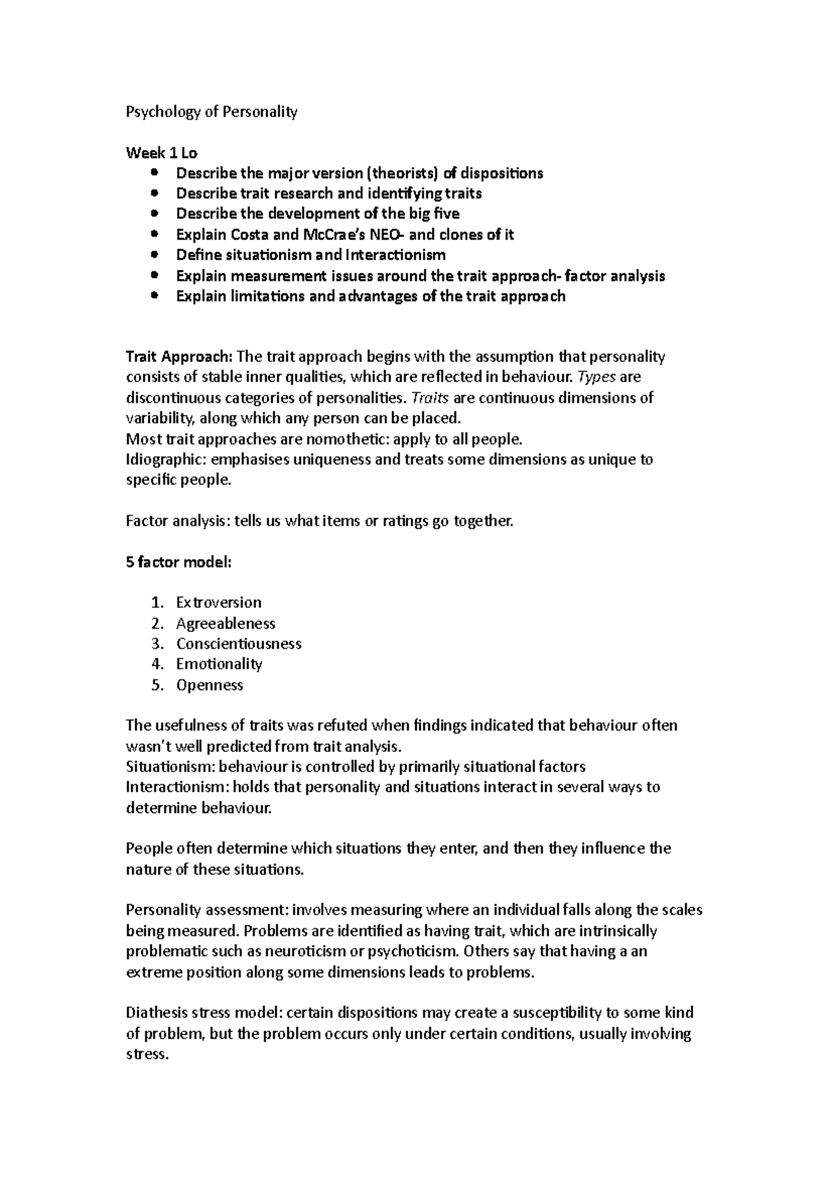 Psychology of Personality weeks 1-6 Notes - Psychology of Personality ...