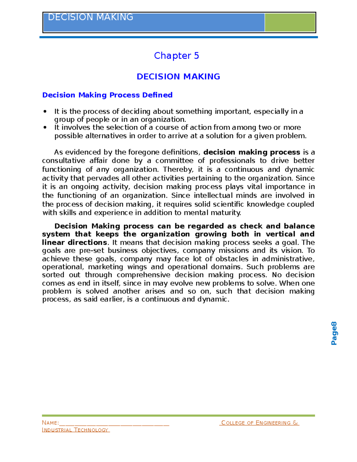 5th Handout EM Decision Making - Page Chapter 5 DECISION MAKING ...