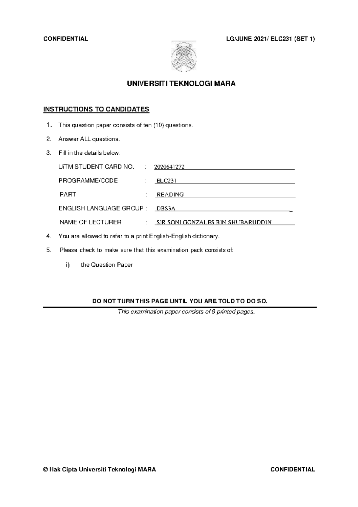 Reading Elc Uitm Reading Confidential Lg June 2021 Elc231 Set 1