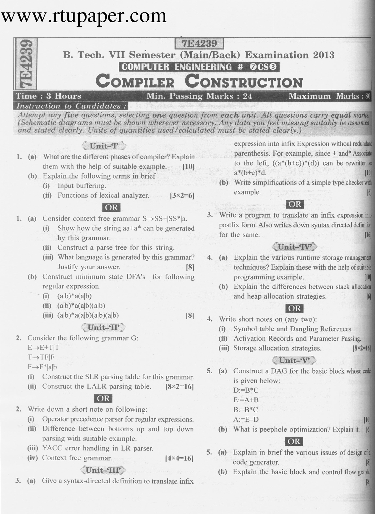 Compiler Construction Question Paper rtupaper Studocu