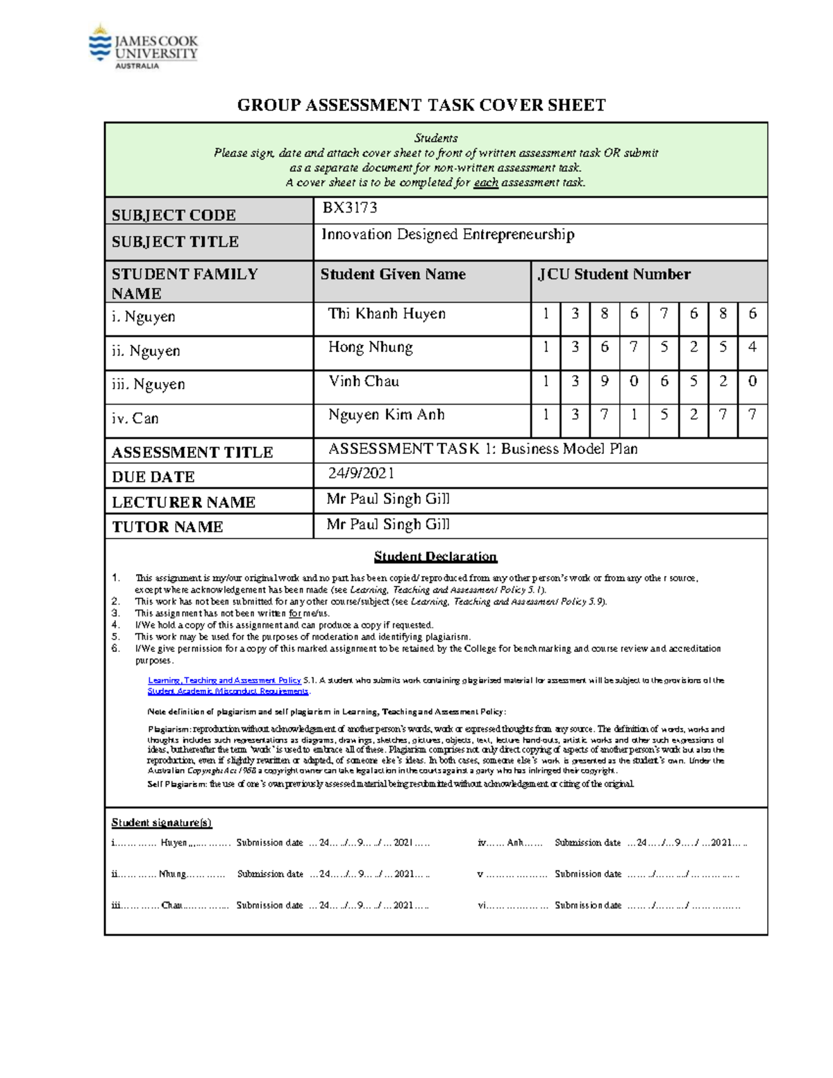 Group 26-Business Model Plan - GROUP ASSESSMENT TASK COVER SHEET ...