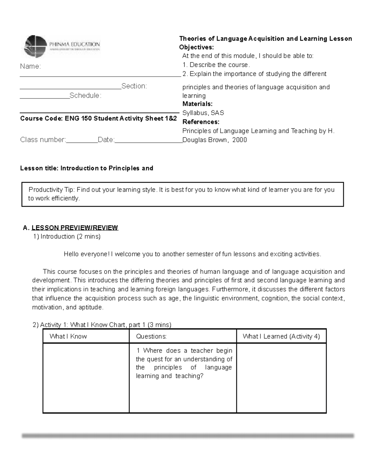 SAS 12 ENG 150 1 - Language Acquisition - Name: Theories of Language ...