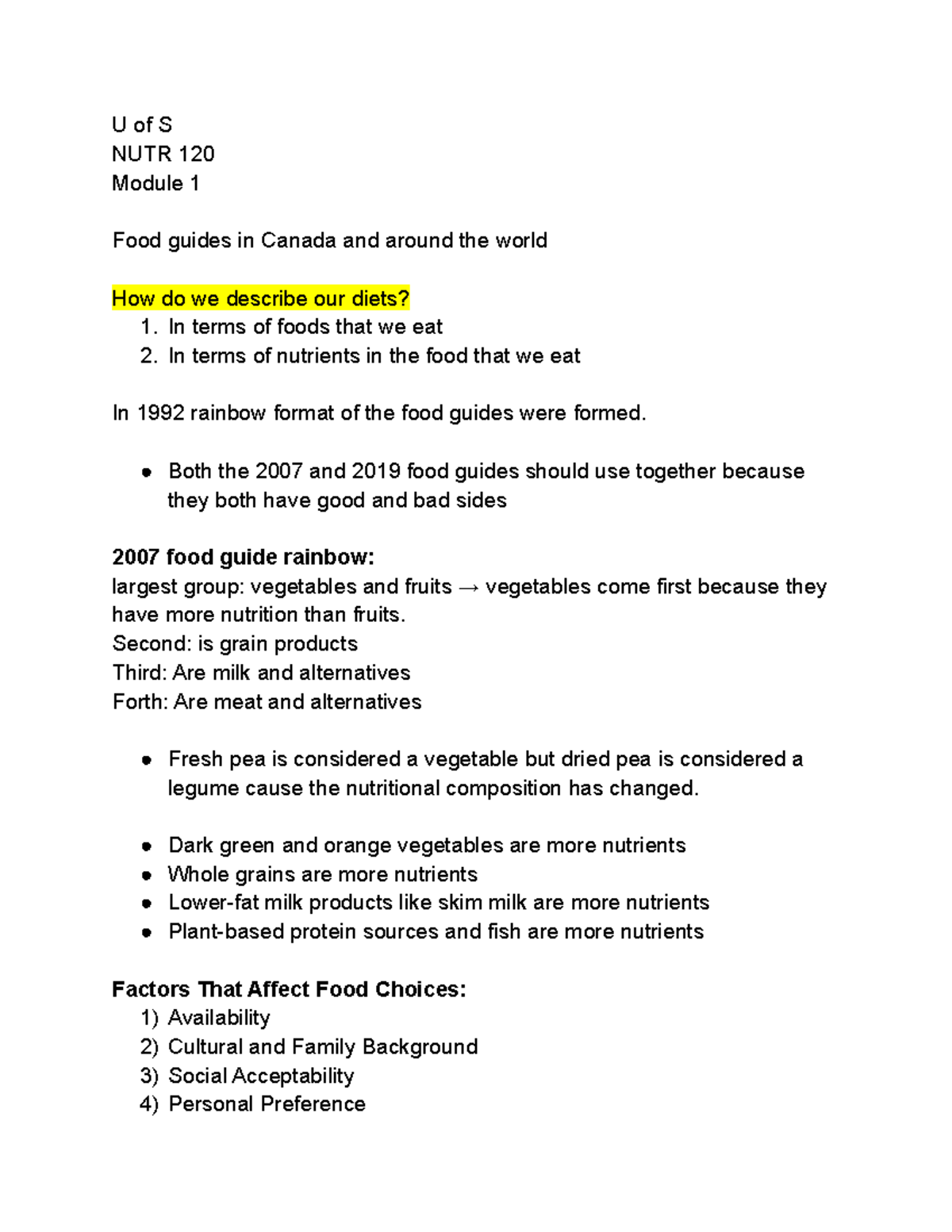 Nutrition 120 Lecture Note - U Of S NUTR 120 Module 1 Food Guides In ...