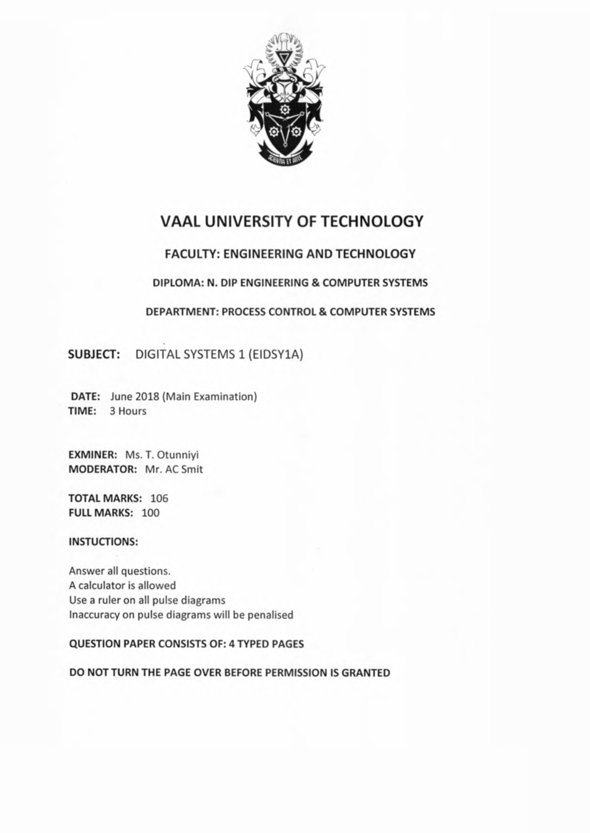 this is a past paper for digital systems 1 for engineering students at ...