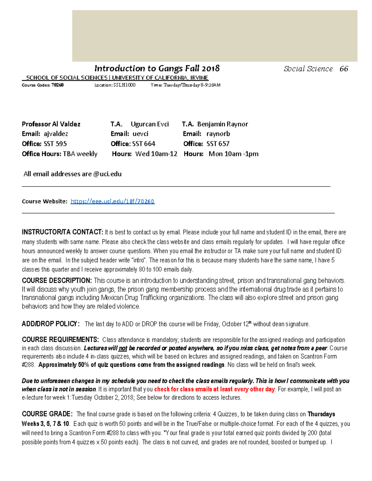Syllabus+ Intro+fall+2018 - Introduction to Gangs Fall 2018 SCHOOL OF ...