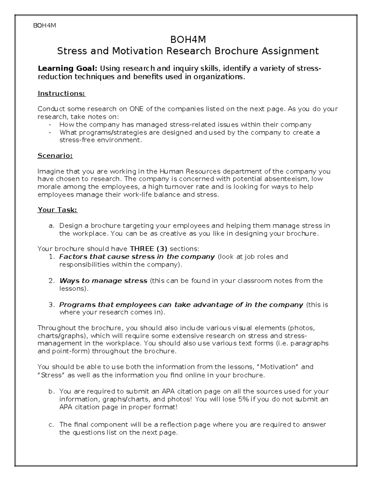 3 Stress and Motivation Research Brochure Assignment - BOH4M Stress and ...