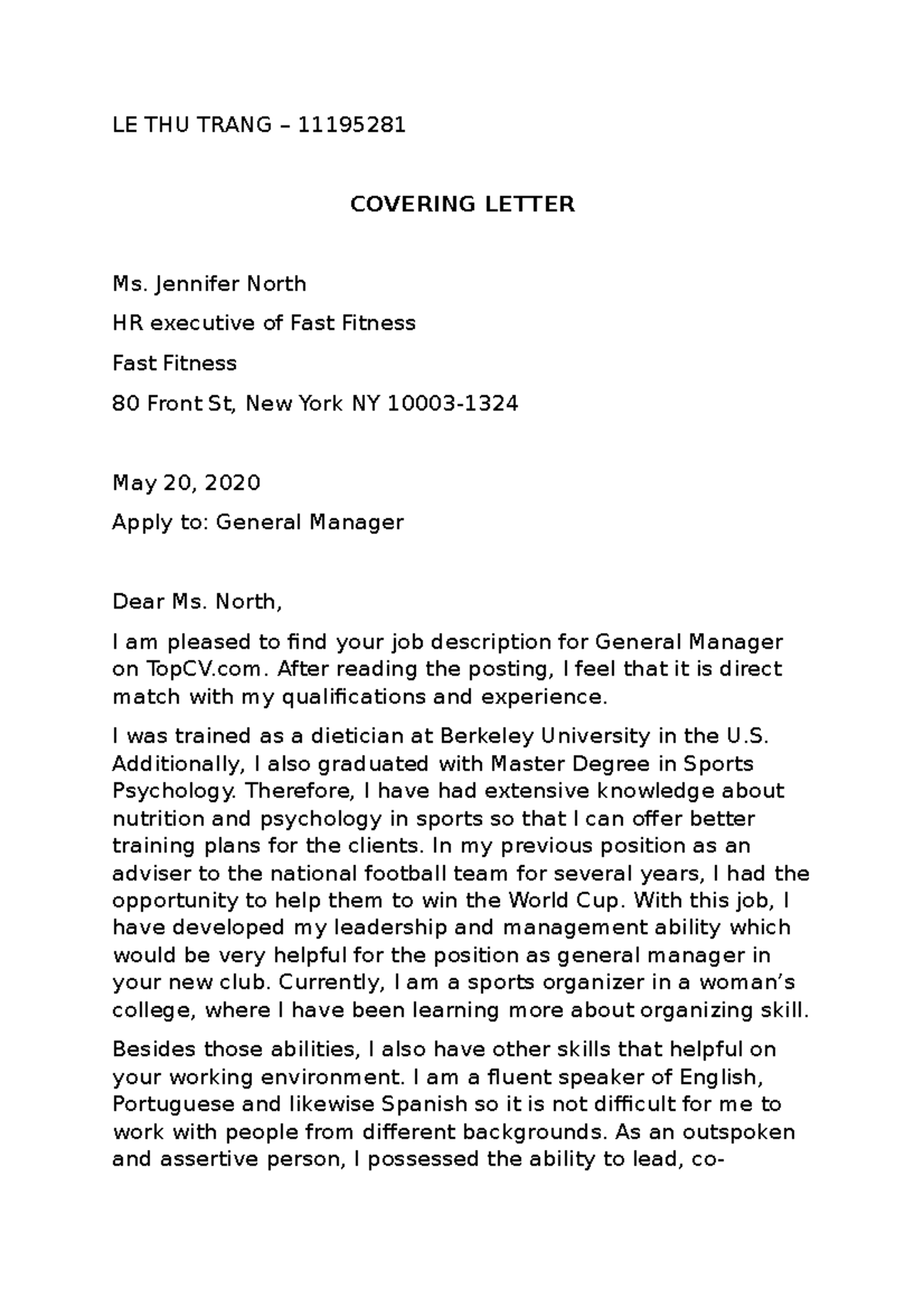 BE covering letter - notes - LE THU TRANG – 11195281 COVERING LETTER Ms ...