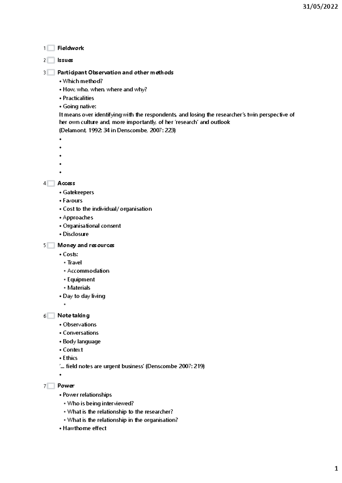 Fieldwork - notes - 31/05/ 1 Fieldwork Issues Participant Observation ...