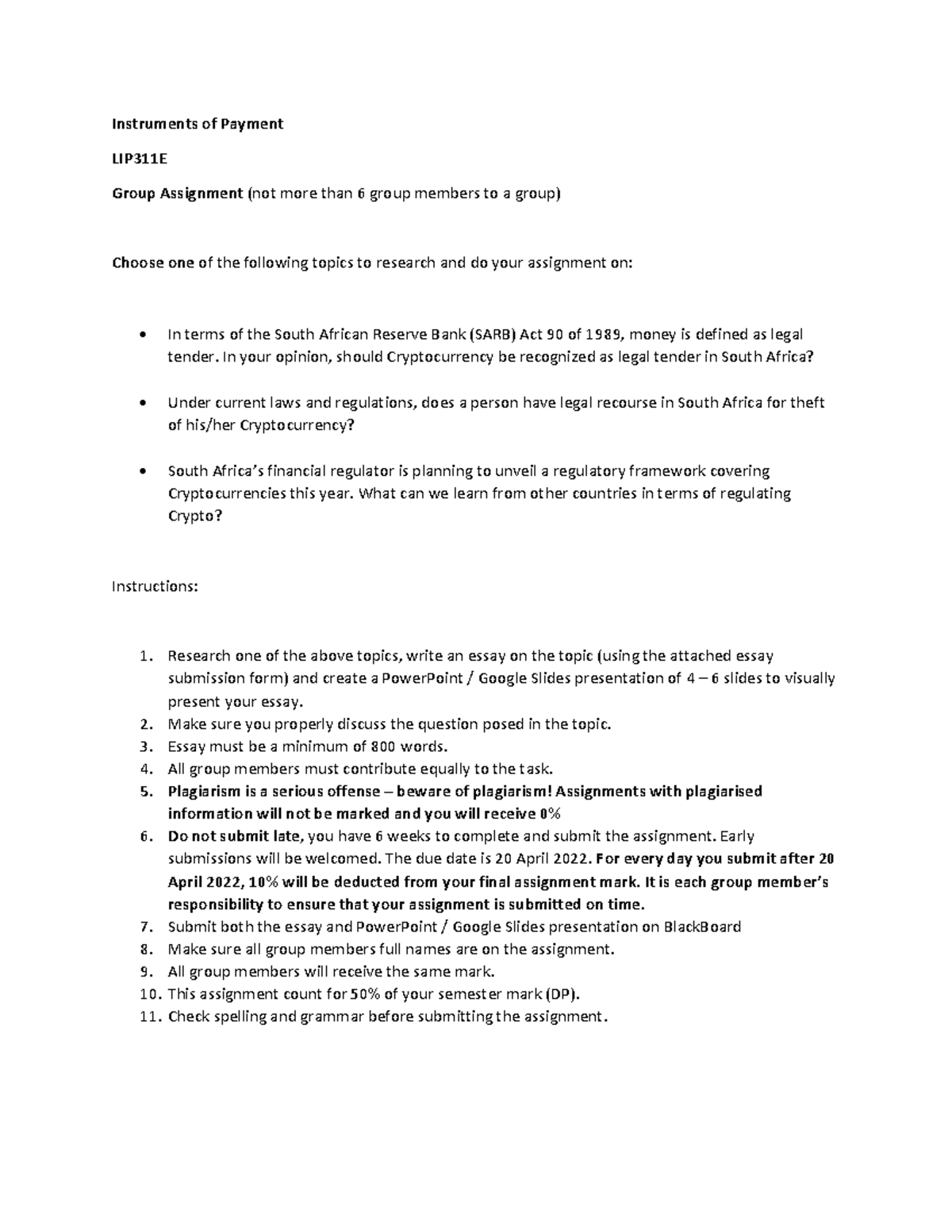 LIP 311E Assignment instructions - Instruments of Payment LIP311E Group ...
