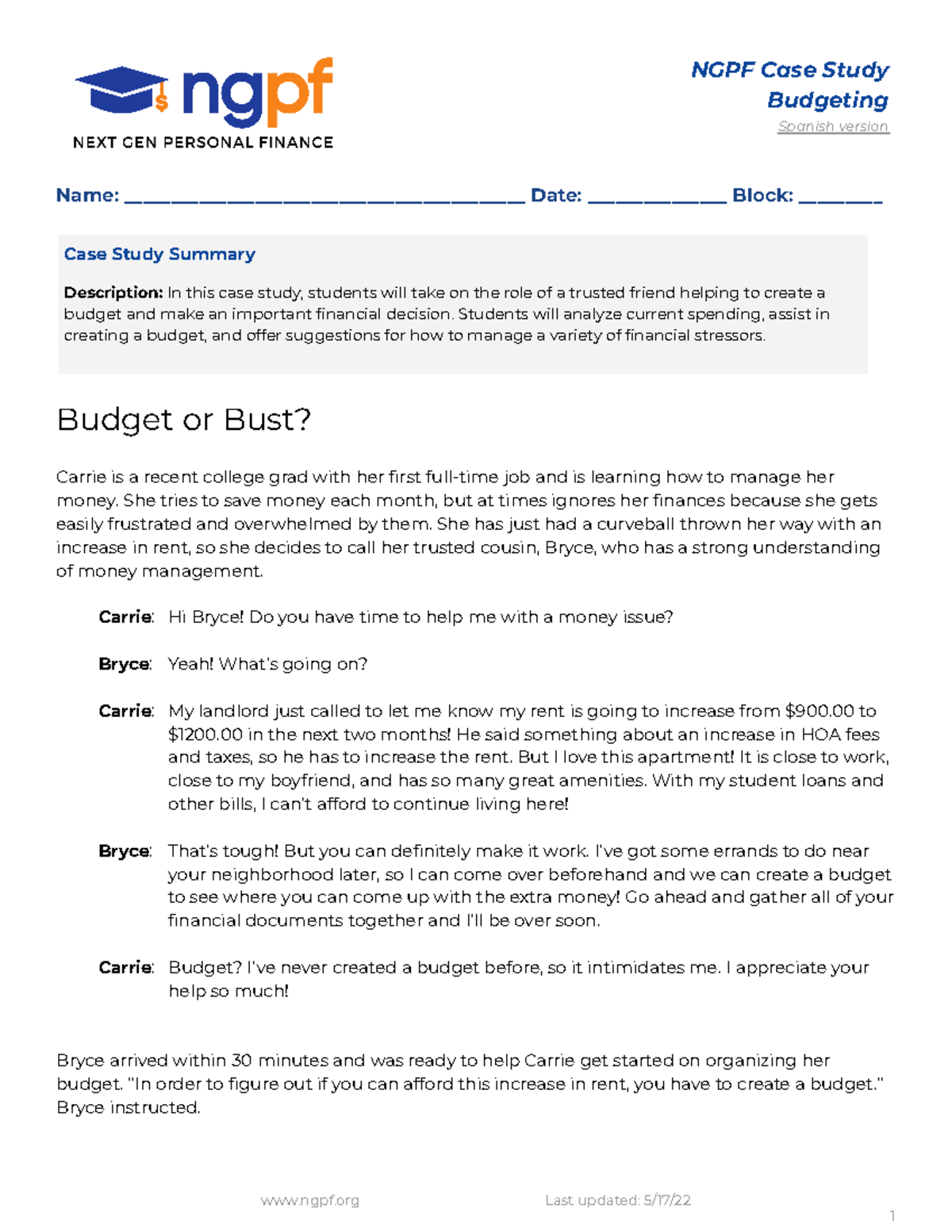 budget or bust case study answer key