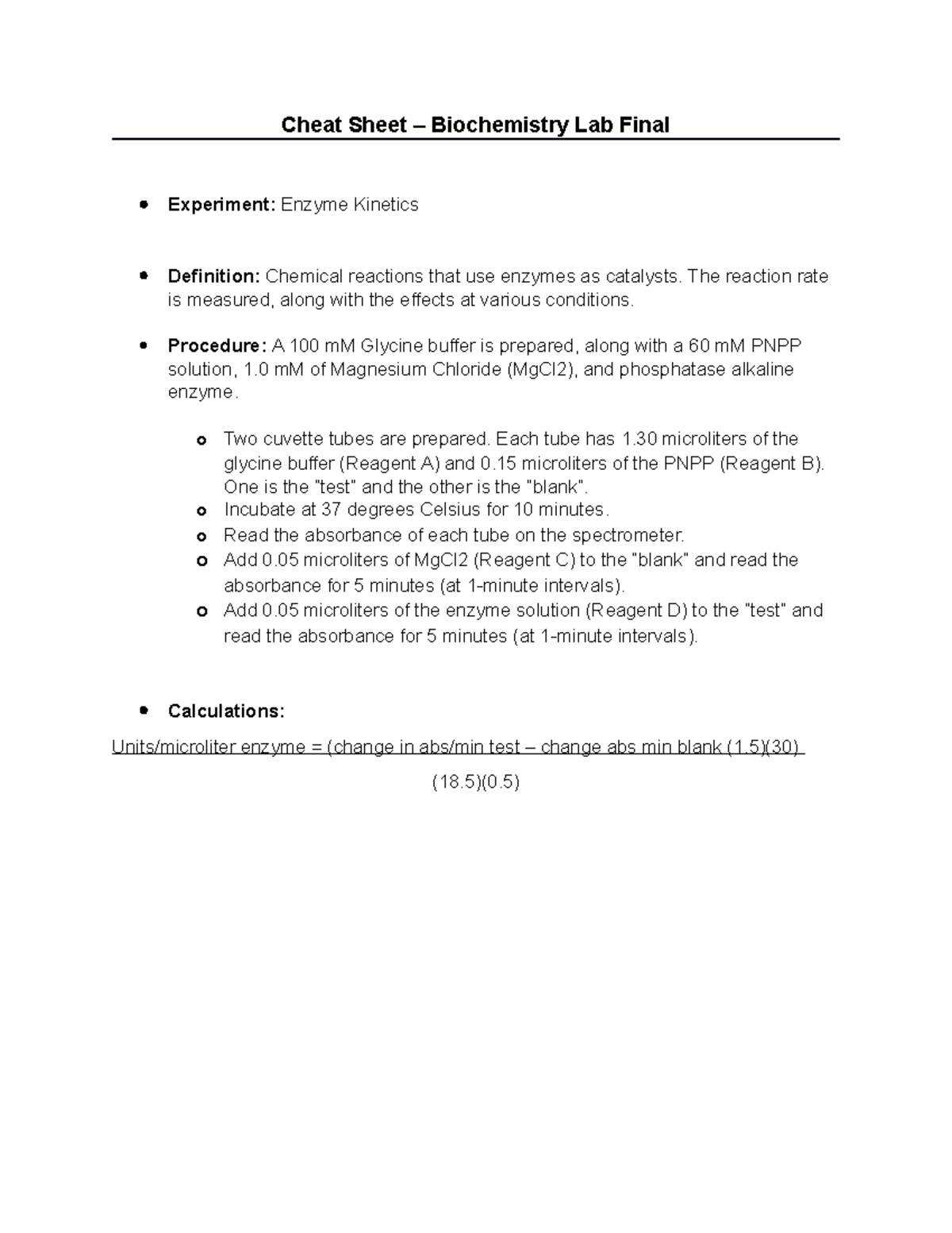 Lab Cheat Sheet Cheat Sheet Biochemistry Lab Final Experiment