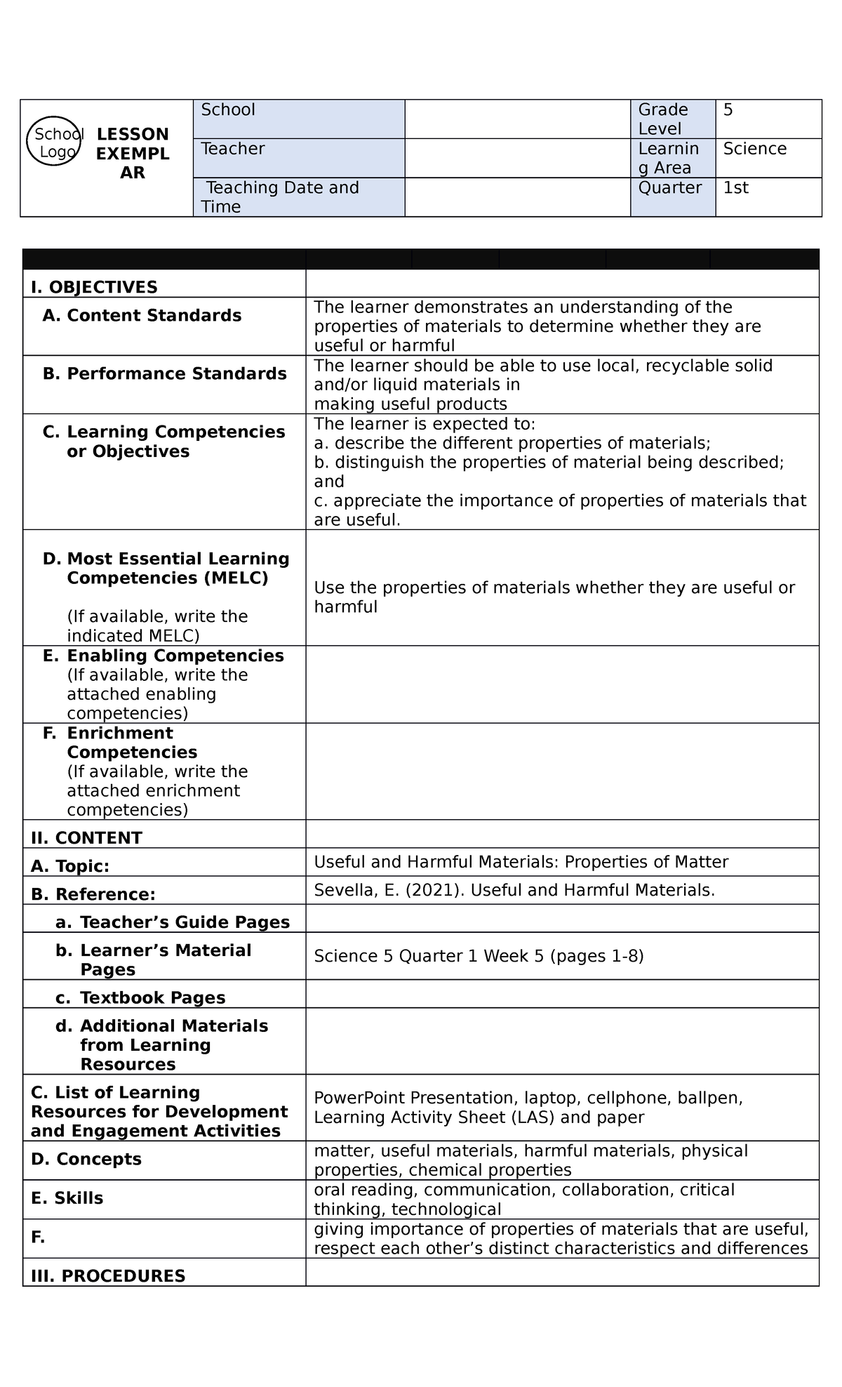 Science 5 Q1 Week 1 Lesson Exemplar - School Grade Level 5 Teacher ...