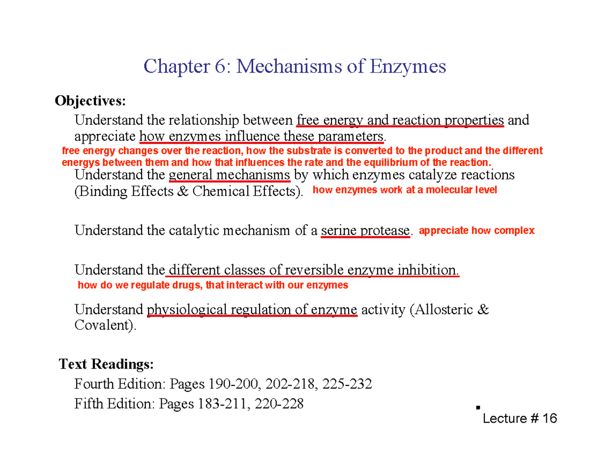 Module 06lecturenotes - Chapter 6: Mechanisms of Enzymes Objectives ...