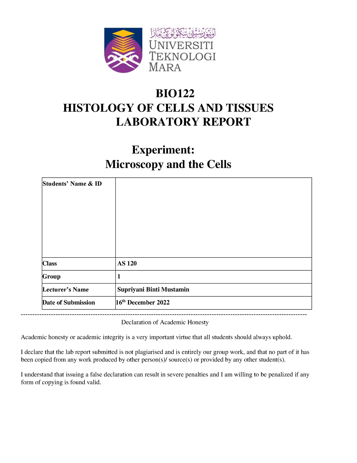 BIO122 Lab Report Experimen 1 - BIO HISTOLOGY OF CELLS AND TISSUES ...