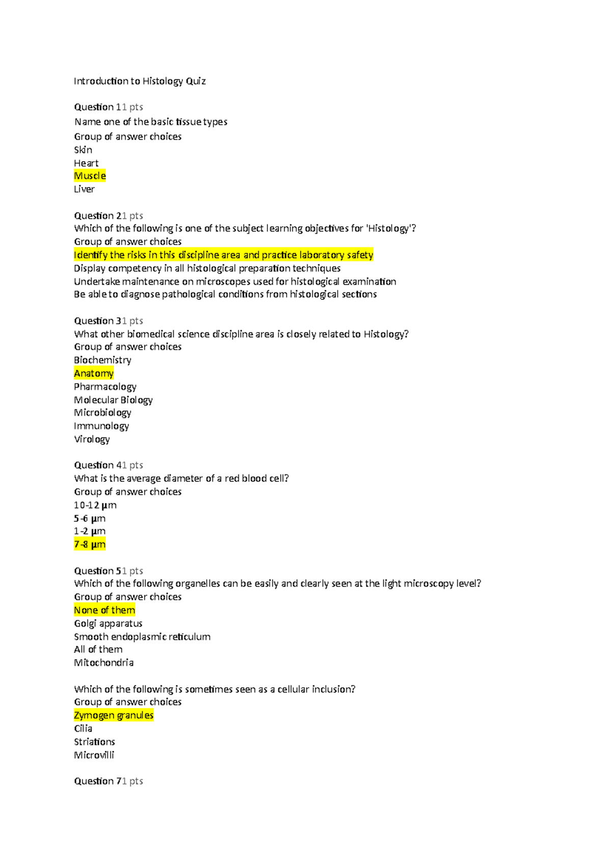 Histology Quizes - Introduction To Histology Quiz Question 11 Pts Name ...