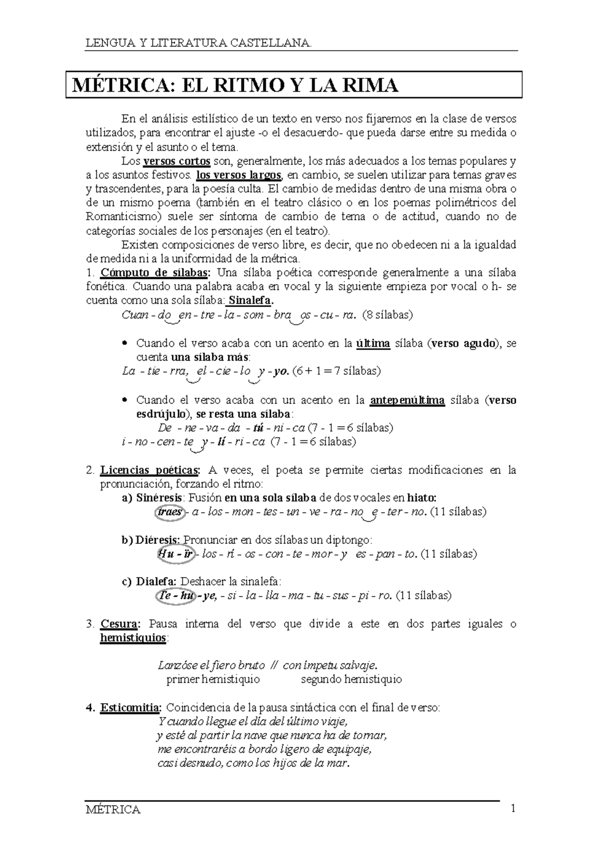 Metrica-resumen - metrica - LENGUA Y LITERATURA CASTELLANA. MÉTRICA 1 ...