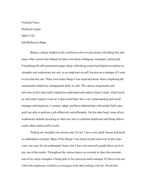 Essay Of Self Reflection Paper For A Management Course ...
