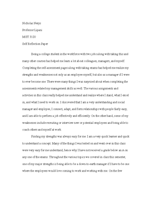 Essay Of Self Reflection Paper For A Management Course Studocu