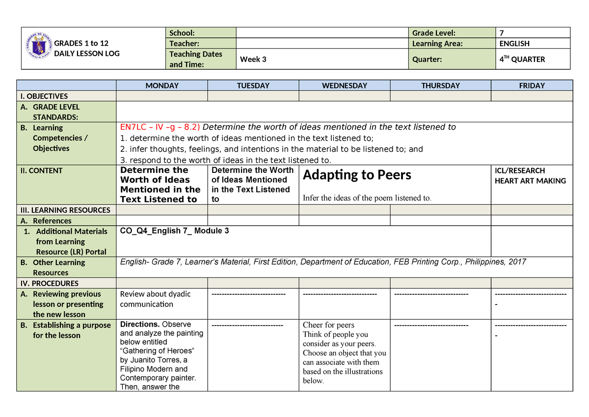 English 7 Q4 w3 - MONDAY TUESDAY WEDNESDAY THURSDAY FRIDAY I ...