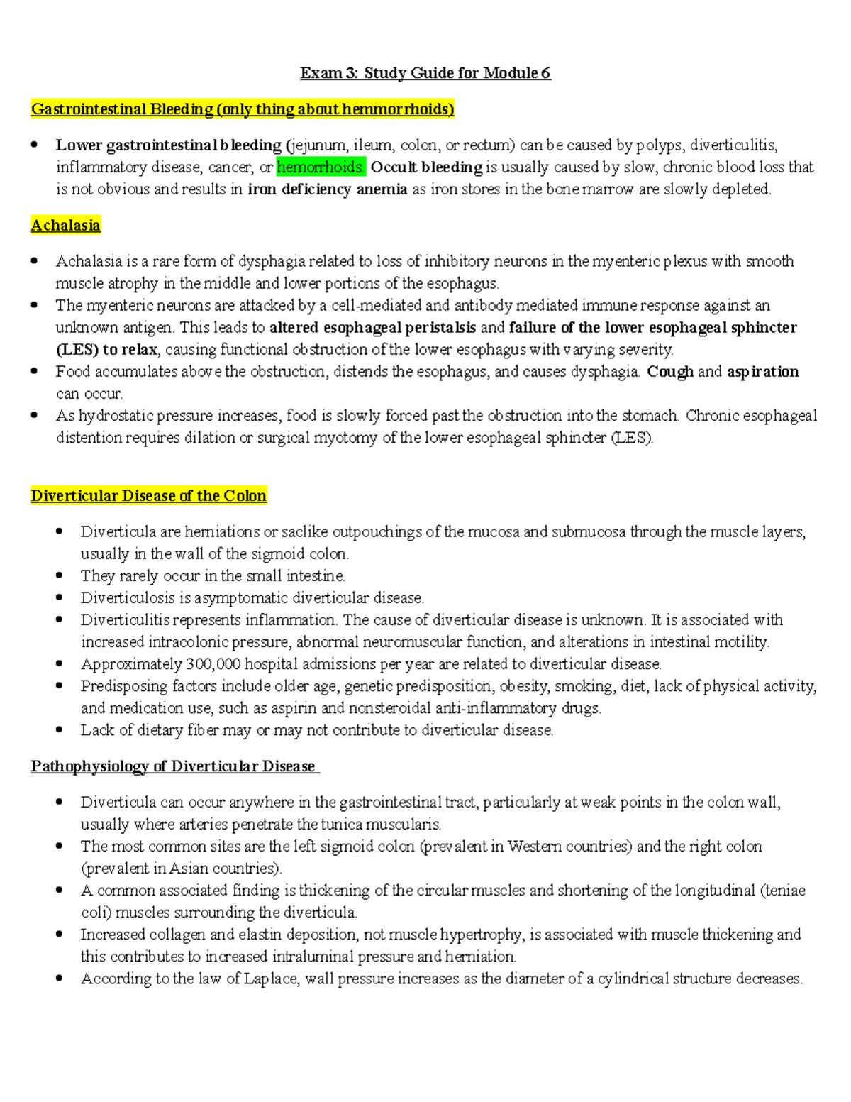 Exam 3 Study Guide for Gastrointestinal (missing stuff) - Exam 3: Study ...