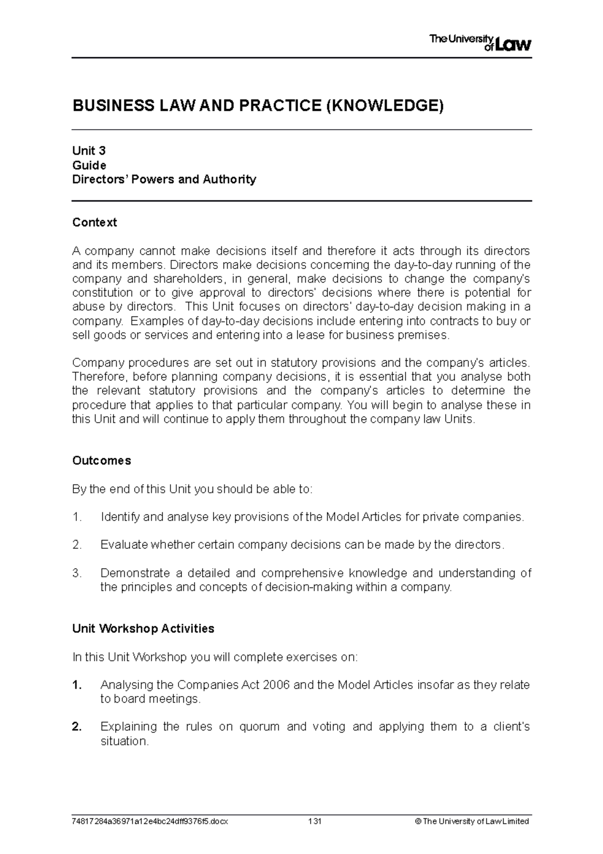 Workshop 3 - Lecture notes 3 - BUSINESS LAW AND PRACTICE (KNOWLEDGE ...