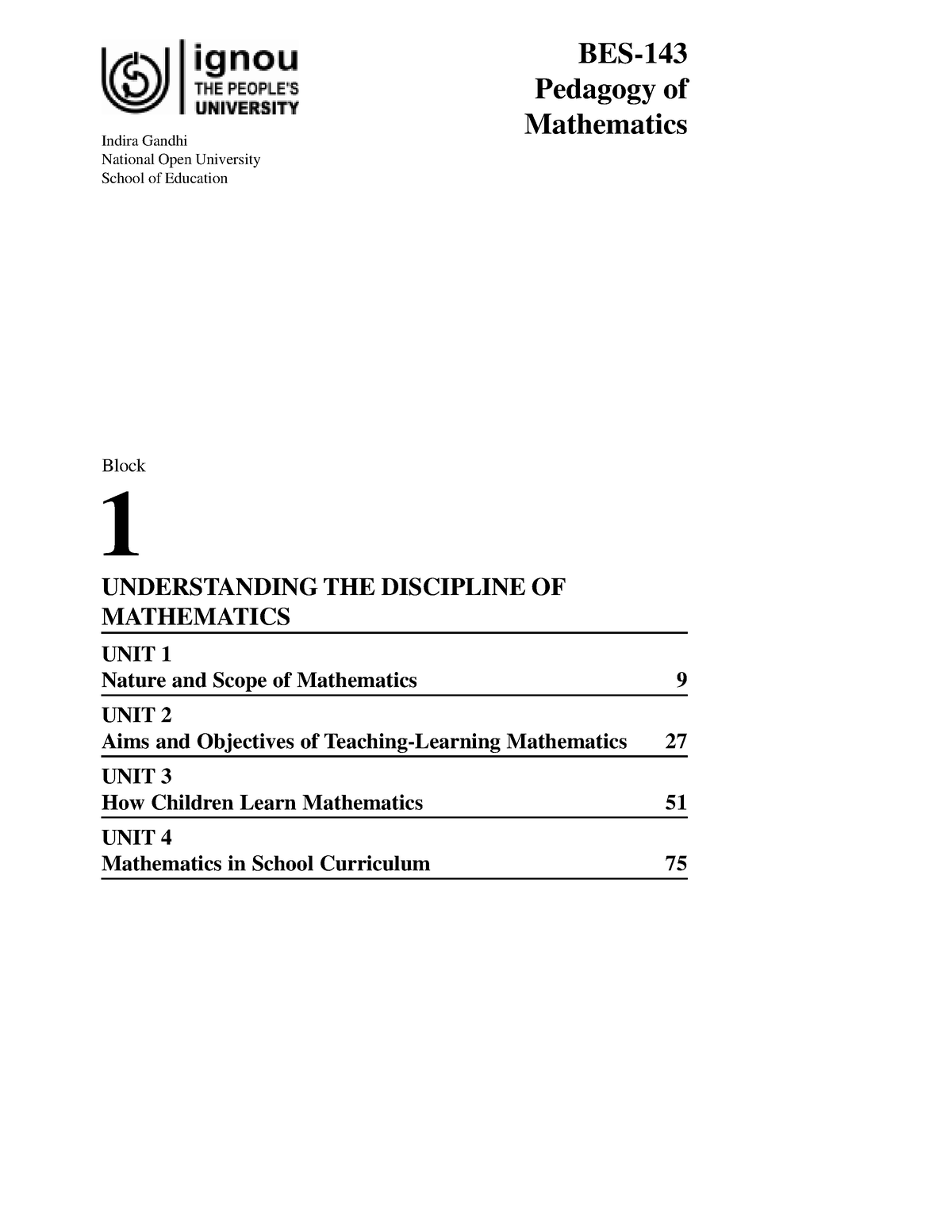 Pedagogy Of Mathematics (B.Ed) - UNDERSTANDING THE DISCIPLINE OF ...