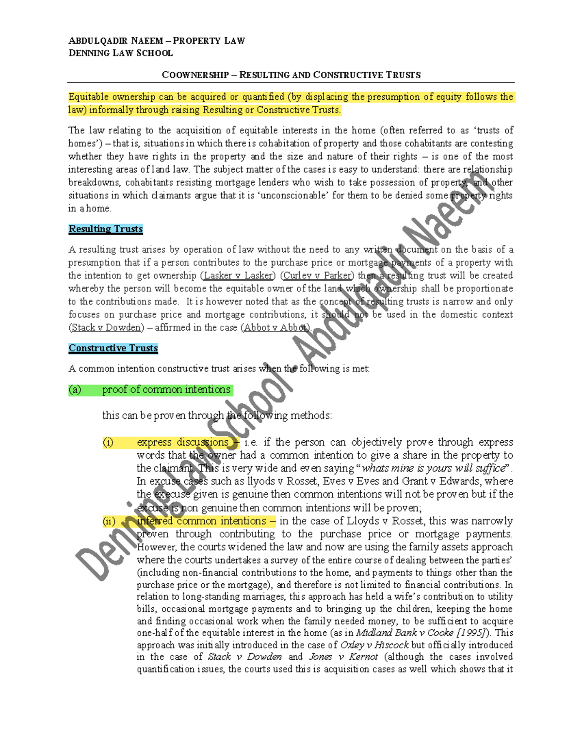 Property Law RT and CT notes ABDULQADIR NAEEM PROPERTY LAW