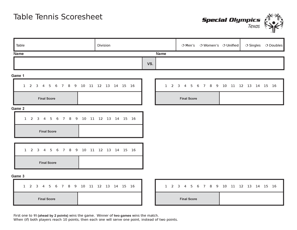 table tennis scoresheet - Table Tennis Scoresheet Table Division  Mens  Womens  Unified 