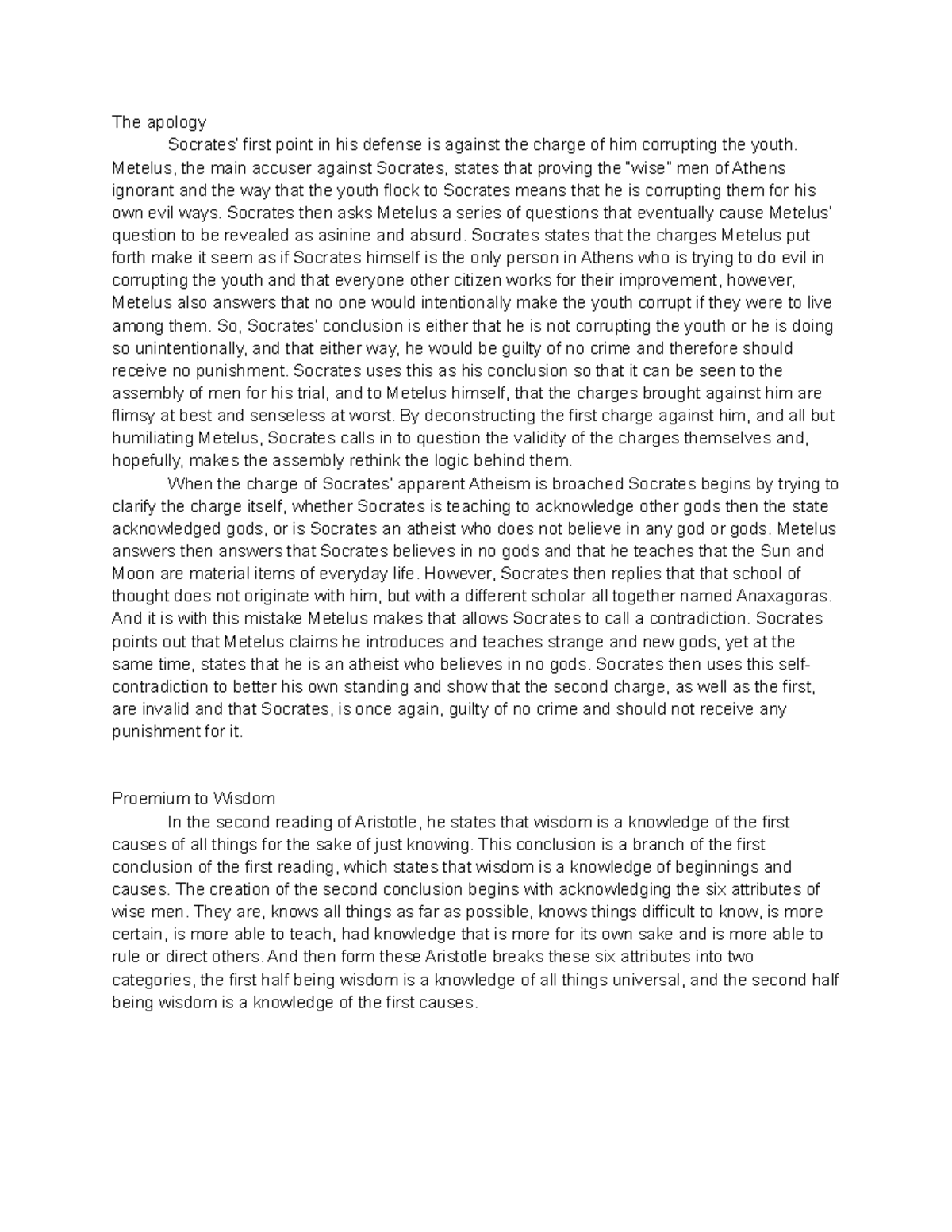Midterm - The Apology - The apology Socrates’ first point in his ...