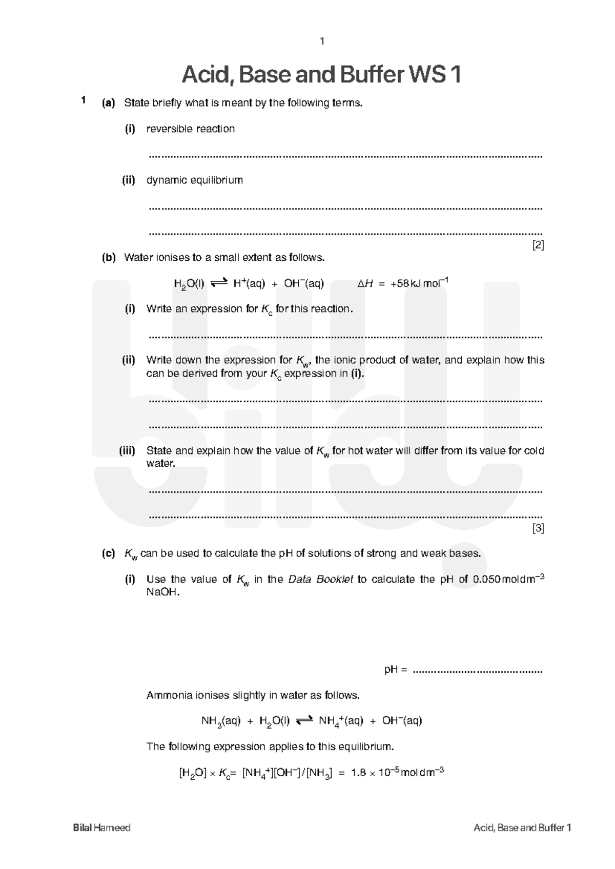 05 Acid Base and Buffer WS 2021 - Acid, Base and Buffer WS 1 1 (a ...