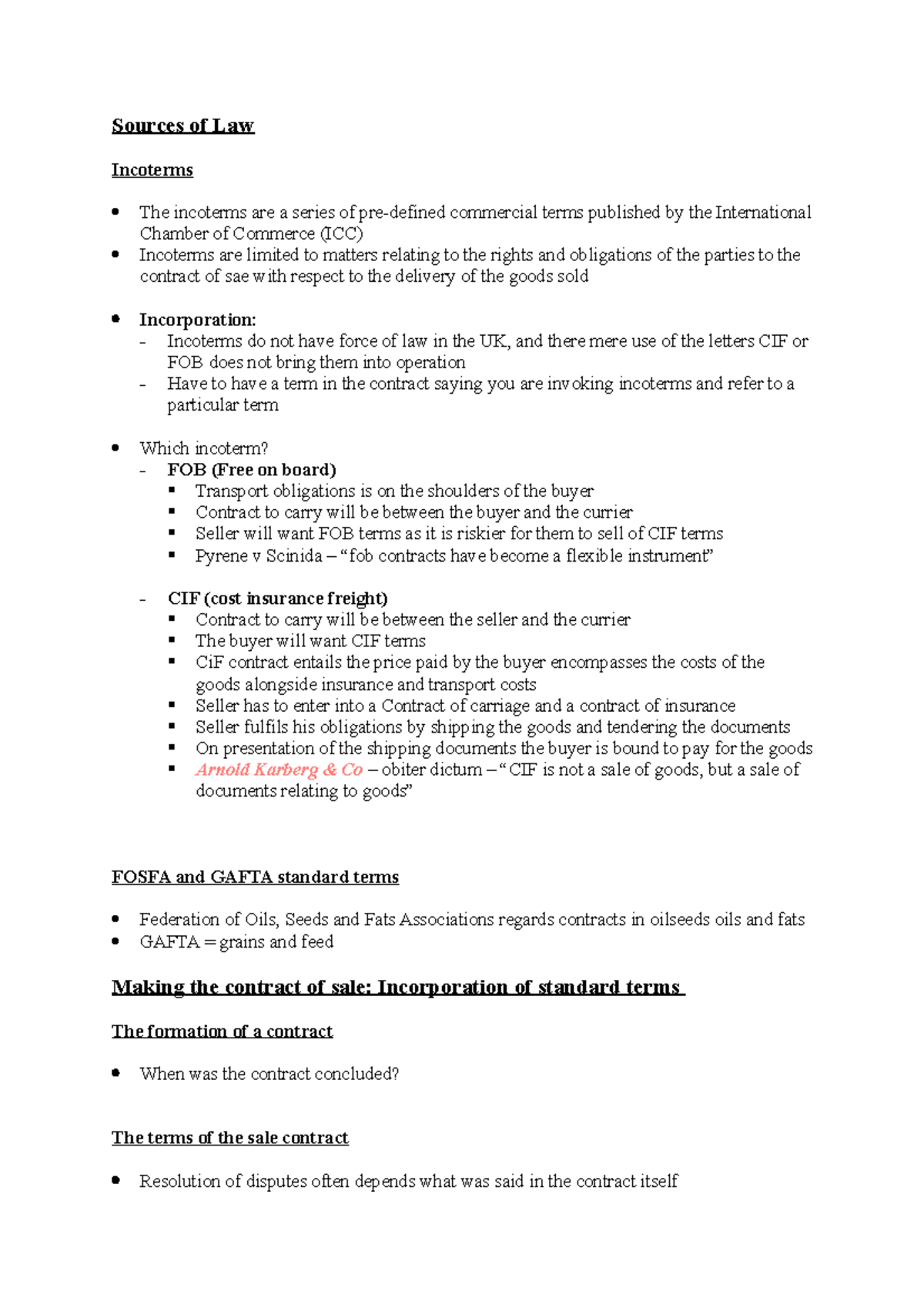 International Commerical Law Revision Notes Sources Of Law Incoterms