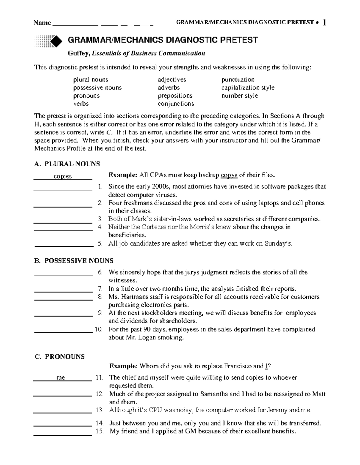 Guffey - Grammar-Mechanics Diagnostic Pretest (rev-4 pages) - GRAMMAR ...