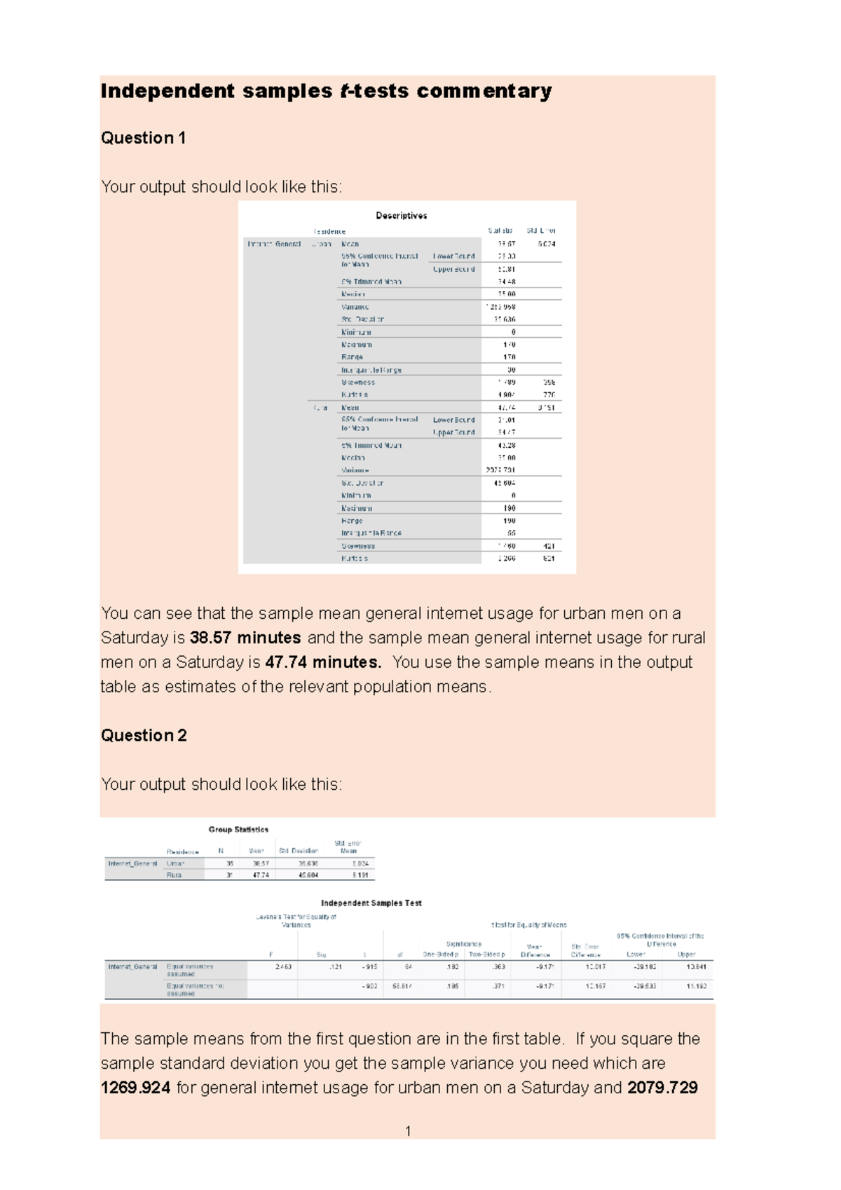 Worksheet independent samples t-test in SPSS commentary - Independent ...