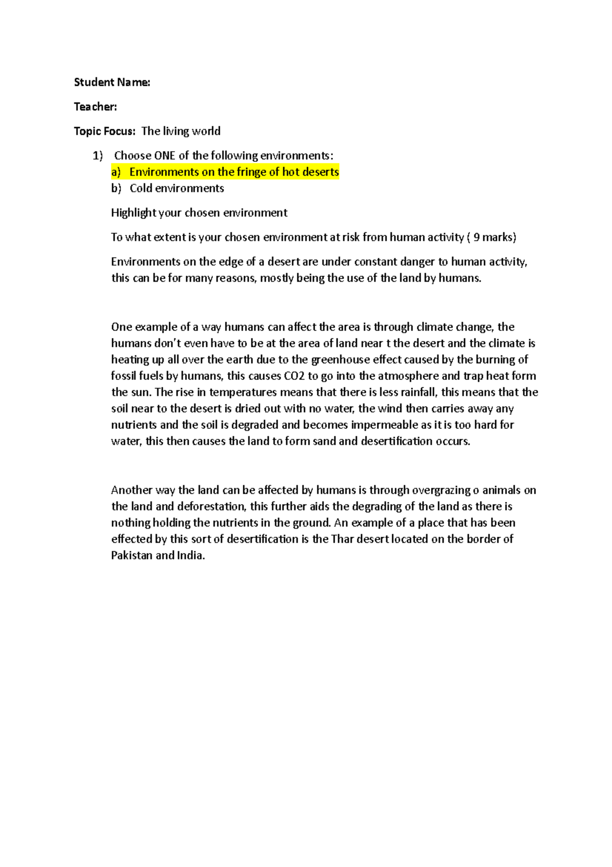 Living world 9 marker geo Student Name Teacher Topic Focus The