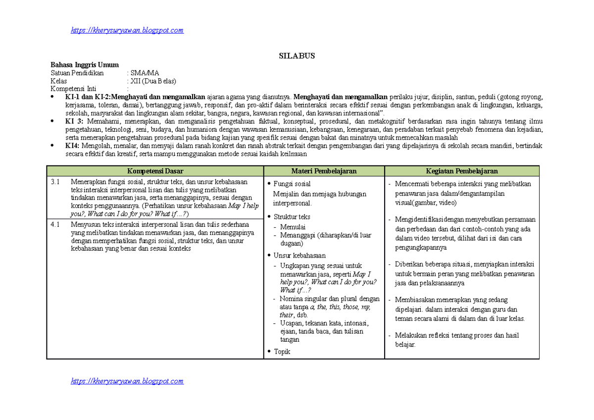 Silabus BING-12 - Tutorial Work For Syllabus English Student - SILABUS ...