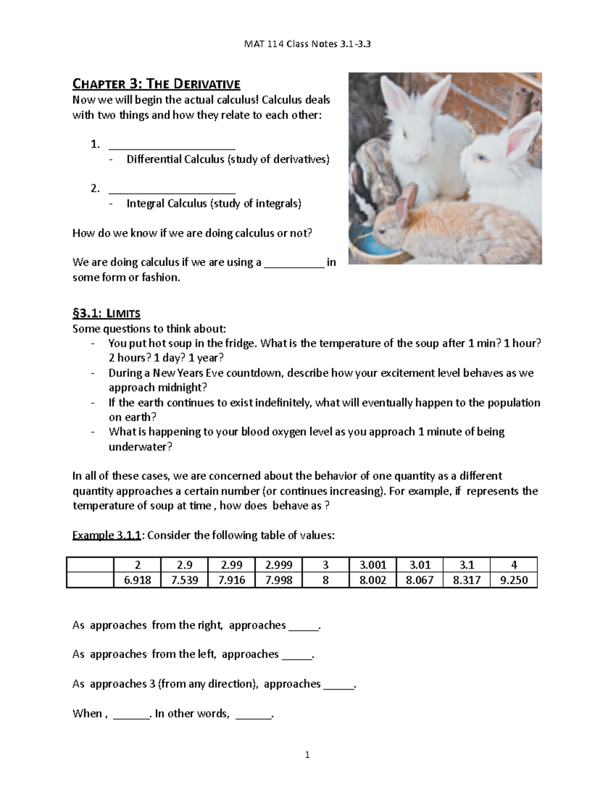 MAT 114 Notes 3 - MAT 114 Class Notes CHAPTER 3: THE DERIVATIVE Now we ...