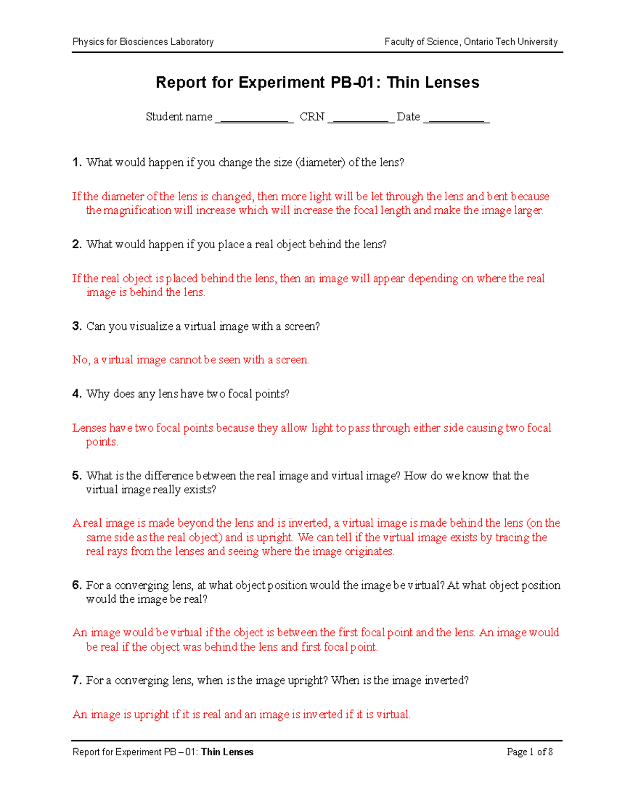 Physics for Bioscience Lab Report 1 Lenses Report for Experiment PB01 Thin Lenses Student