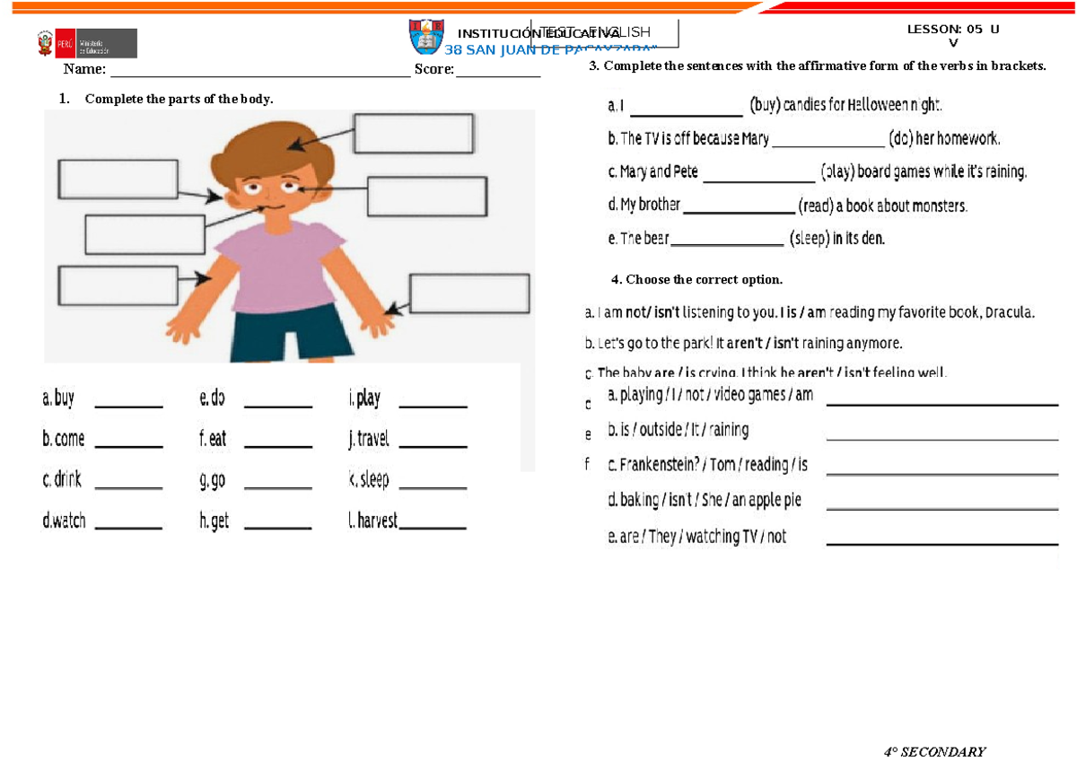 TEST - English 02 - INGLES SCHOOL - ingles - TEST - ENGLISH LESSON: 05 ...
