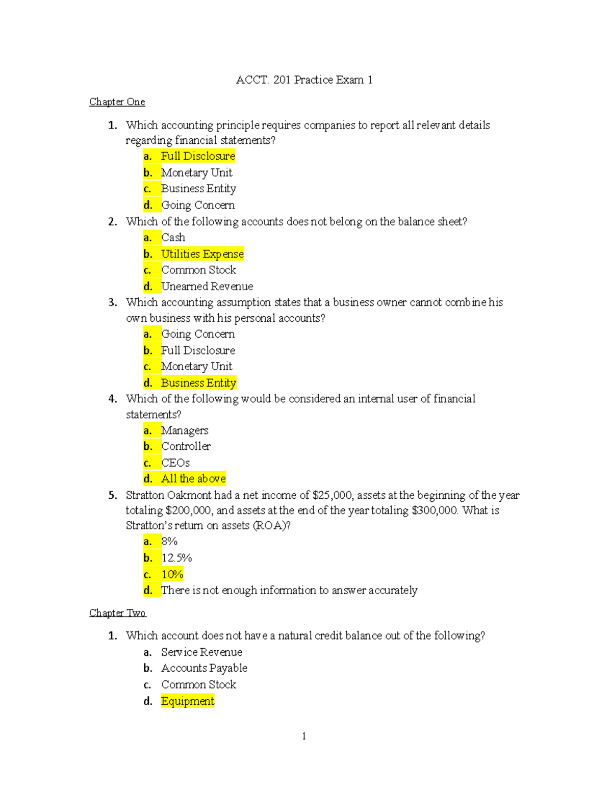 ACCT. 201 Practice Exam 1 - Studocu