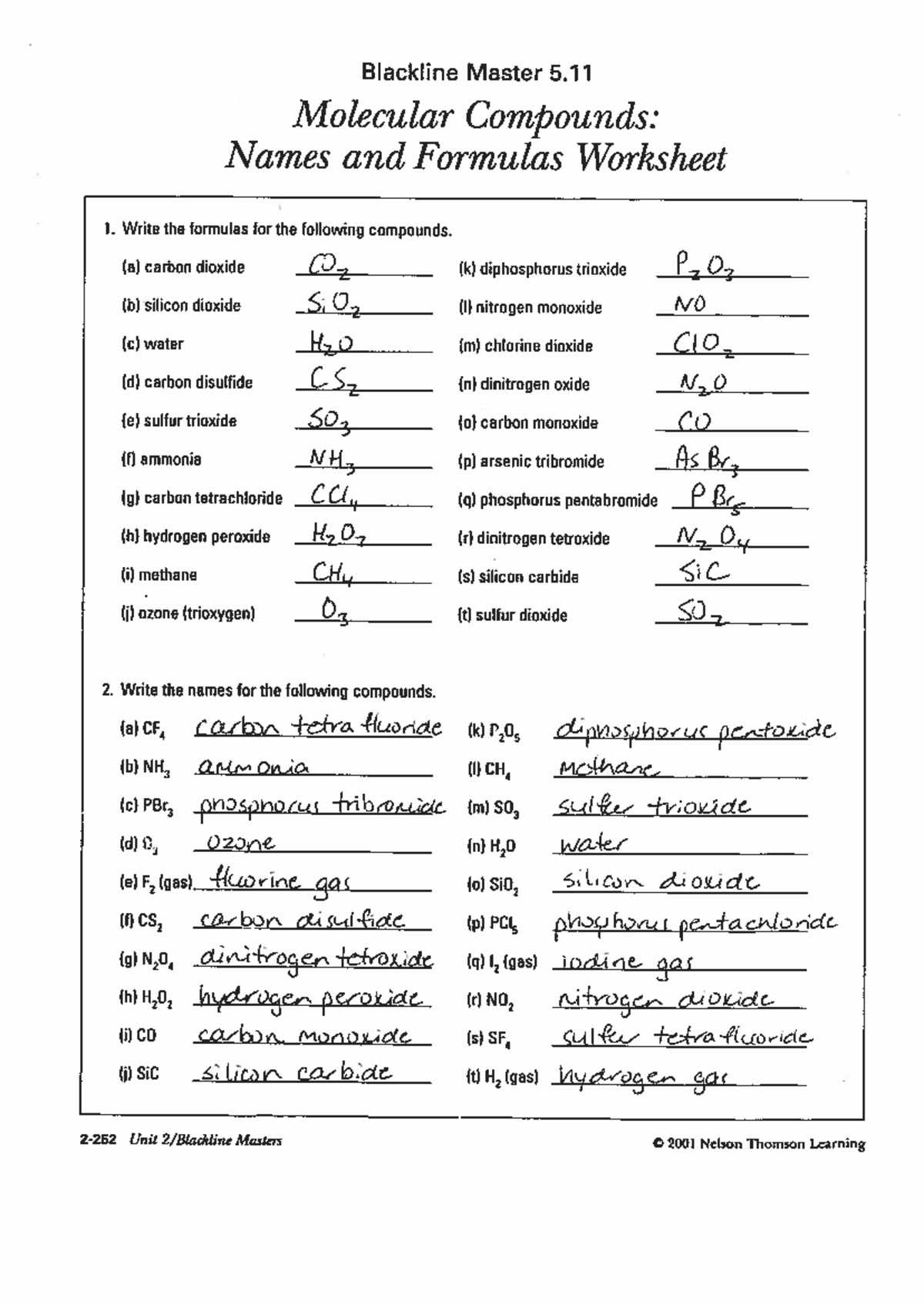 Molecular Compounds Worksheet answers Blackline Master 5. Molecular Compounds Names and