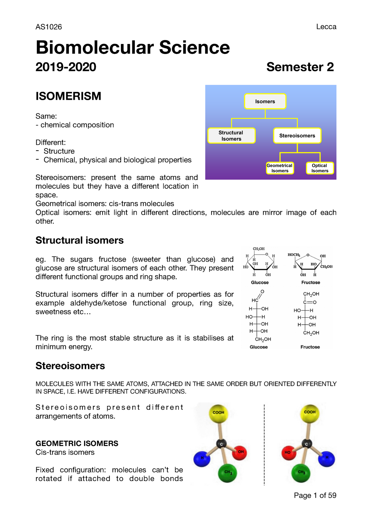 Biomolecular Science AS1026 - Biomolecular Science 2019-2020 Semester 2 ...